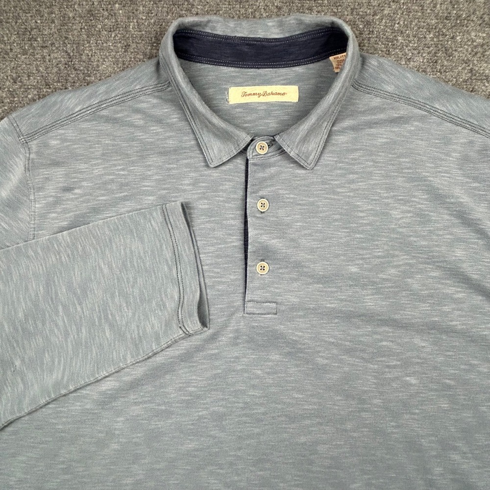 Tommy Bahama Polo Shirt Mens XXL Blue Grey Long Sleeve Modal Blend Slub Relaxed